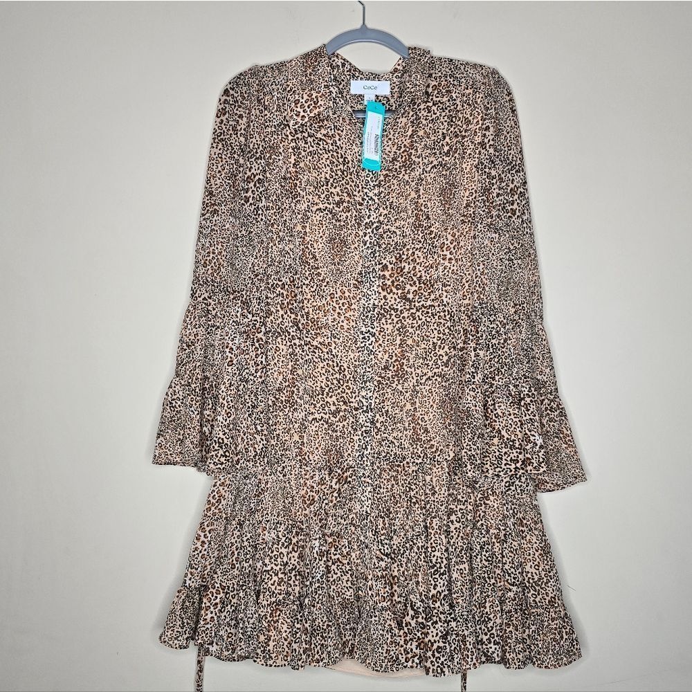 New Cece Women's Tiered Flounce Long Sleeve Shirt Dress Sz Small Color:Dune - Picture 3 of 9